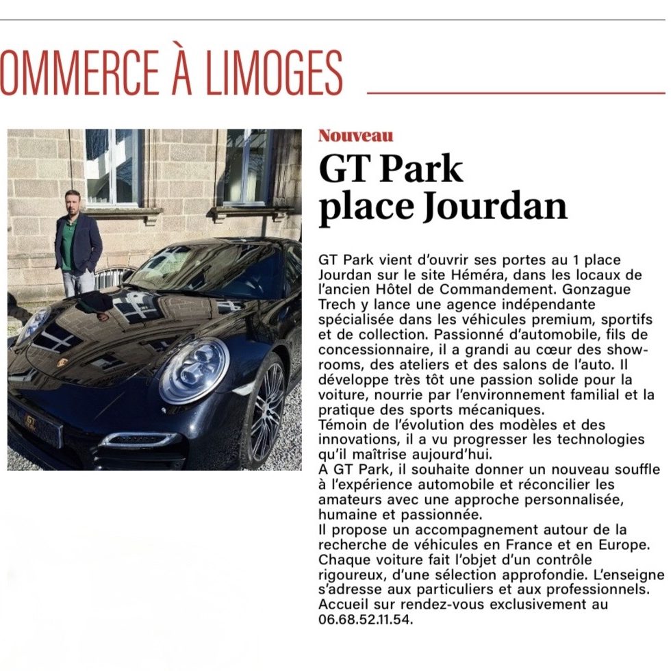 Article de journal mettant en avant GT Park, agence automobile spécialisée en véhicules premium, sport et collection à Limoges